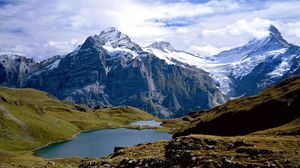 Превью обои швейцария, горы, озеро, камни, трава