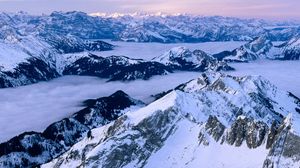 Превью обои швейцария, горы, снег, вершины, туман
