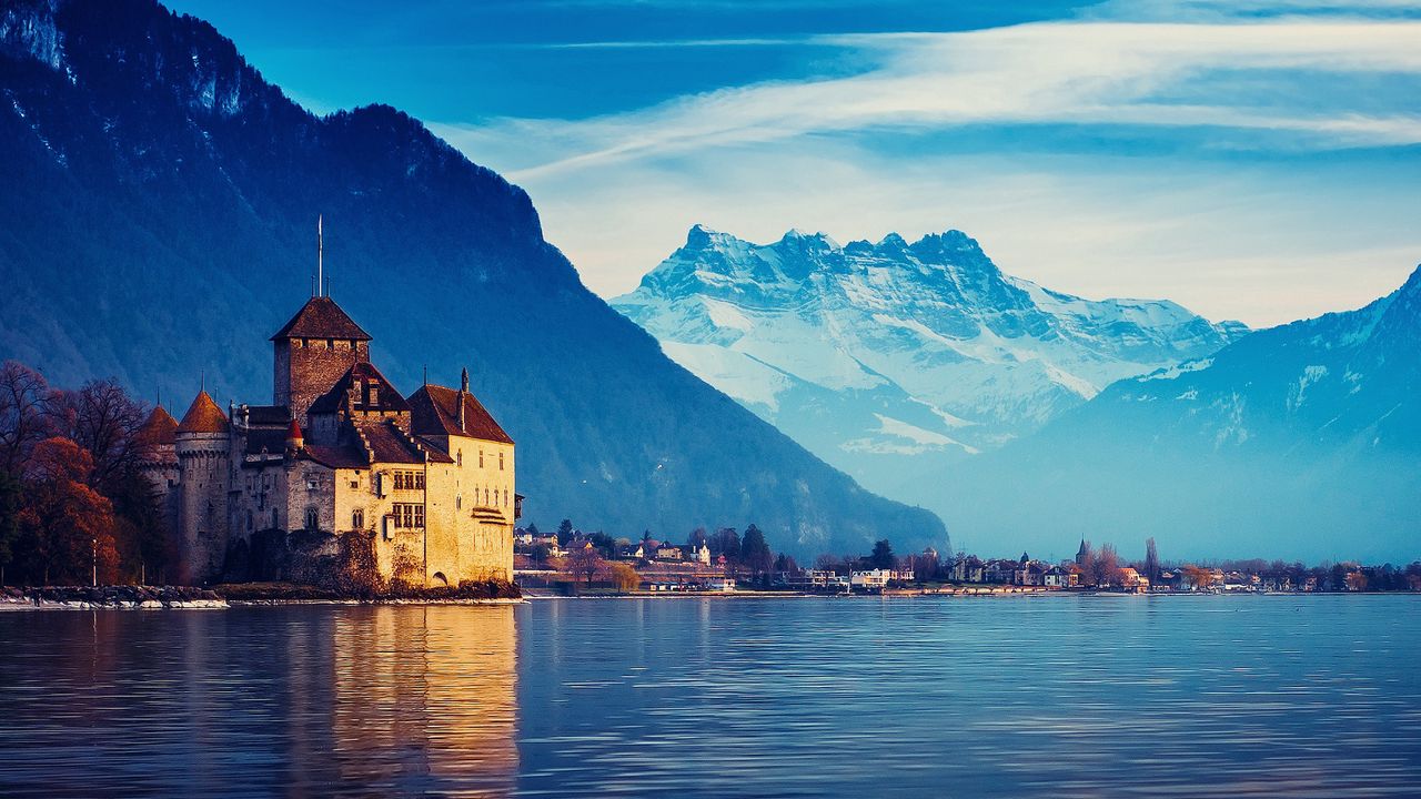 Обои швейцария, женевское озеро, город, горы, снег