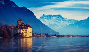 Превью обои швейцария, женевское озеро, город, горы, снег