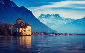 Превью обои швейцария, женевское озеро, город, горы, снег