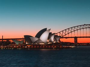 Превью обои сиднейский оперный театр, ночной город, гавань, мост, сидней, австралия