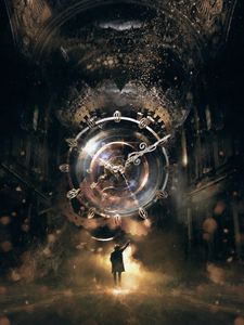 Превью обои силуэт, часы, дым, иллюзия, фантастика