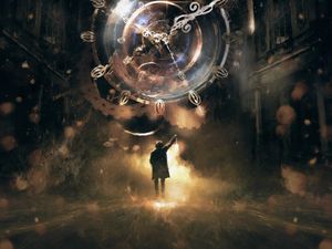 Превью обои силуэт, часы, дым, иллюзия, фантастика