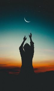 Превью обои силуэт, человек, ночь, луна, небо