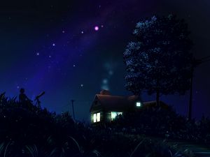 Превью обои силуэт, дом, ночь, звезды, арт
