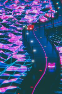 Превью обои силуэт, дорога, synthwave, неон
