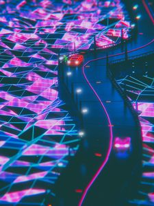 Превью обои силуэт, дорога, synthwave, неон
