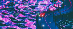 Превью обои силуэт, дорога, synthwave, неон