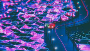 Превью обои силуэт, дорога, synthwave, неон