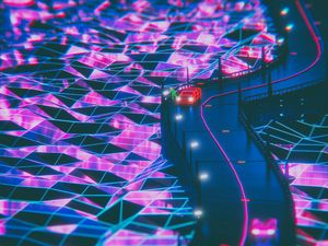 Превью обои силуэт, дорога, synthwave, неон