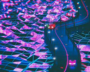 Превью обои силуэт, дорога, synthwave, неон