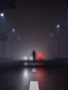 Превью обои силуэт, дорога, туман, размытость, разметка, арт