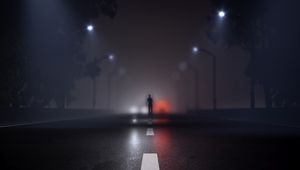 Превью обои силуэт, дорога, туман, размытость, разметка, арт