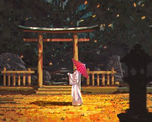 Превью обои силуэт, кимоно, зонтик, ворота, архитектура, арт, япония