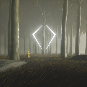 Превью обои силуэт, лес, свечение, свет, деревья