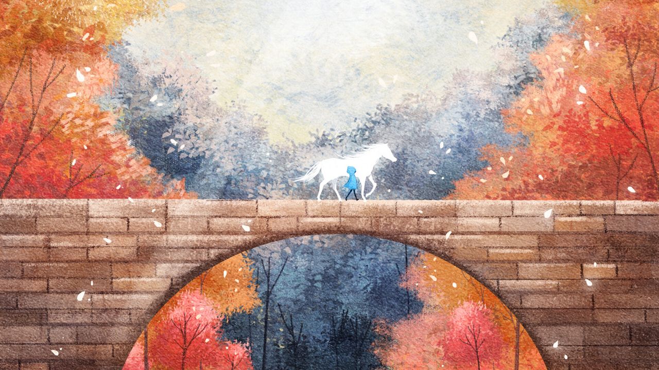 Обои силуэт, лошадь, мост, осень, арт