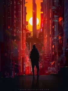 Превью обои силуэт, небоскребы, город, арт, закат