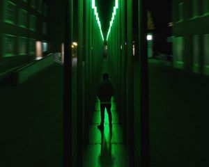 Превью обои силуэт, неон, подсветка, иллюзия, зеленый