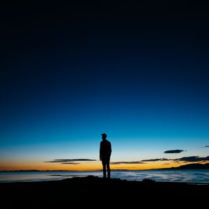 Превью обои силуэт, ночь, горизонт, берег, небо, темный