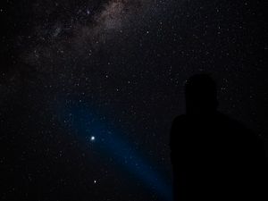 Превью обои силуэт, ночь, туманность, звездное небо, звезды