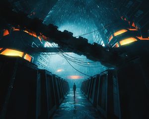 Превью обои силуэт, одиночество, дождь, руины, темный