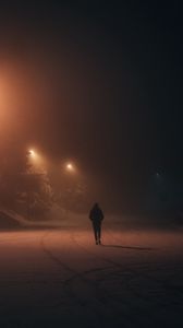 Превью обои силуэт, одиночество, ночь, снег, фонари