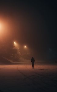 Превью обои силуэт, одиночество, ночь, снег, фонари