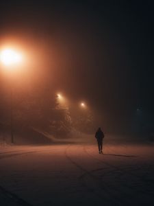 Превью обои силуэт, одиночество, ночь, снег, фонари