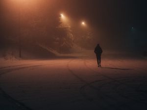 Превью обои силуэт, одиночество, ночь, снег, фонари