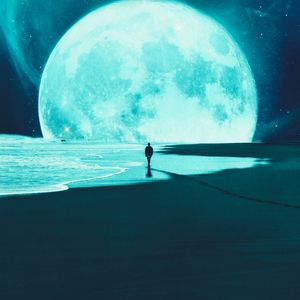 Превью обои силуэт, одиночество, пляж, луна, темный
