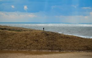 Превью обои силуэт, одиночество, побережье, море, облака, лучи, свет