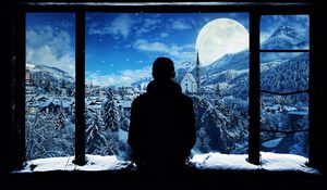 Превью обои силуэт, окно, одинокий, снег, горы