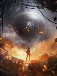 Превью обои силуэт, планета, искры, арт, фантастика
