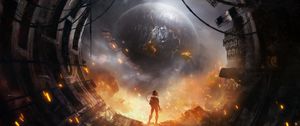 Превью обои силуэт, планета, искры, арт, фантастика
