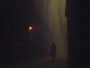 Превью обои силуэт, плащ, одиночество, улица, туман, темный