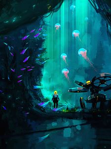 Превью обои силуэт, подводный мир, медузы, арт