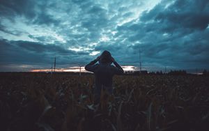 Превью обои силуэт, поле, темный, сумерки, вечер