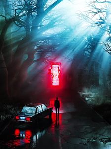 Превью обои силуэт, портал, свечение, ночь, машина, темнота