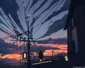 Превью обои силуэт, провода, вечер, арт