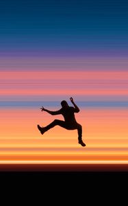 Превью обои силуэт, прыжок, темный, полосы, разноцветный, фон