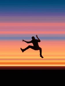 Превью обои силуэт, прыжок, темный, полосы, разноцветный, фон