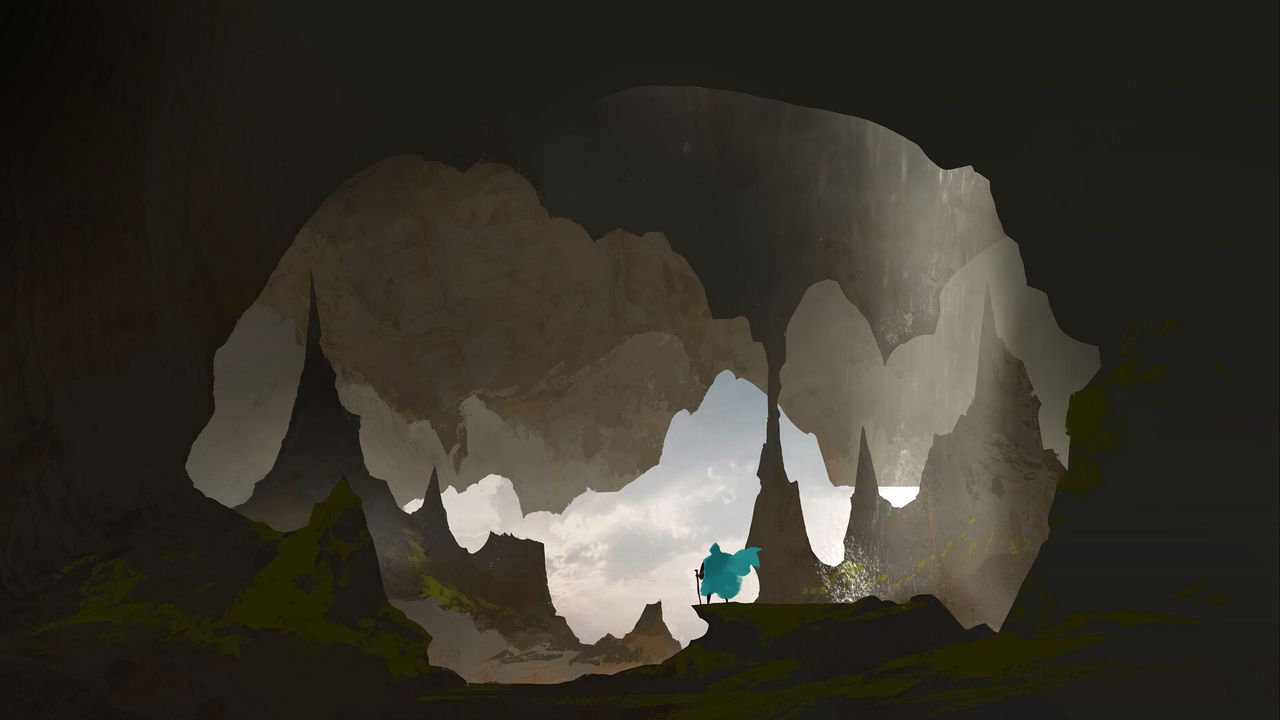 Обои силуэт, путник, скалы, пещера, арт