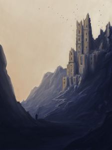 Превью обои силуэт, путник, замок, скалы, арт