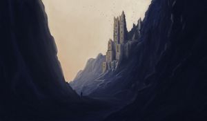 Превью обои силуэт, путник, замок, скалы, арт