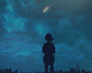 Превью обои силуэт, ребенок, звездное небо, ночь, одиночество