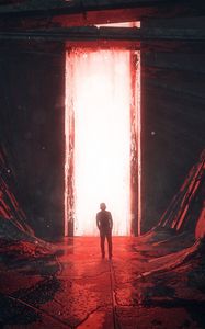 Превью обои силуэт, свечение, портал, свет, красный