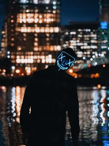 Превью обои силуэт, темный, маска, неон, огни