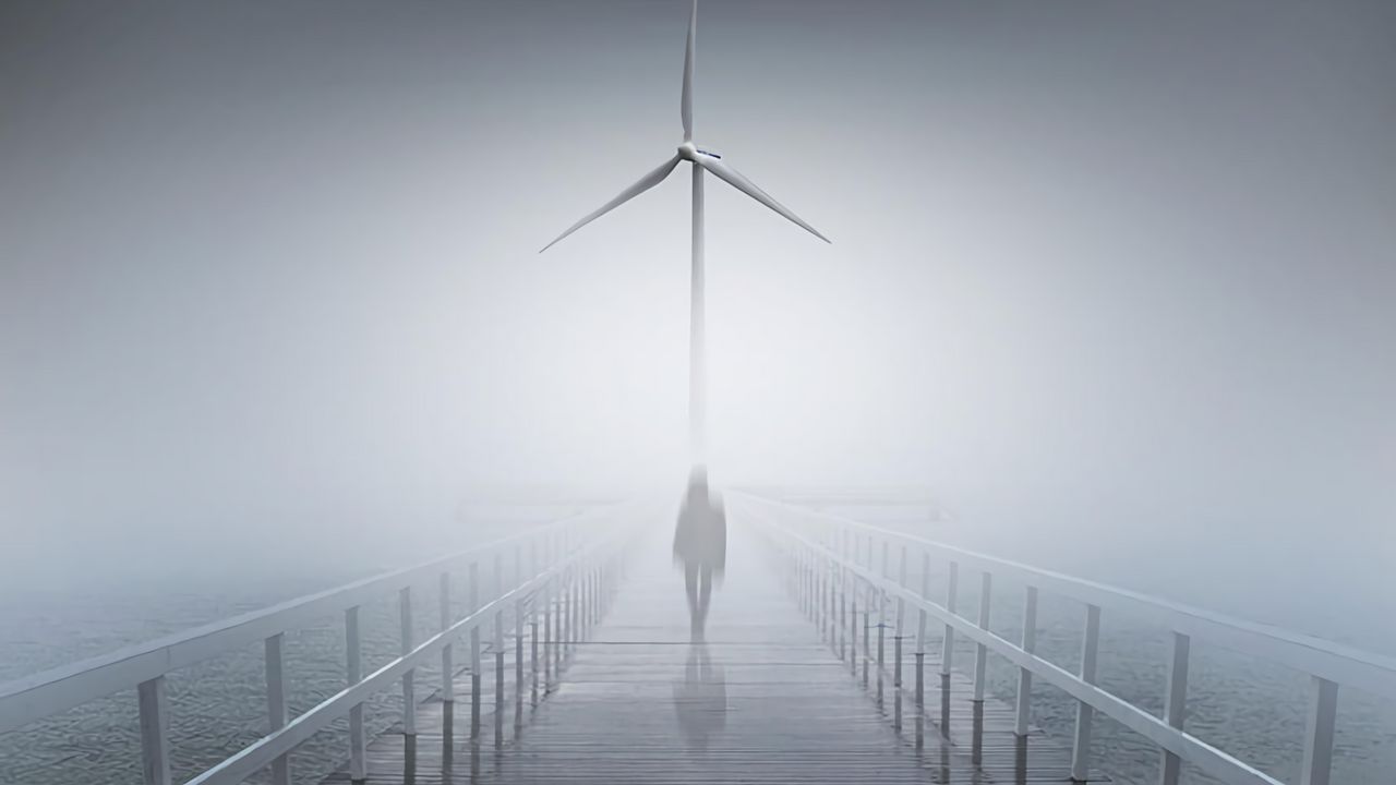 Обои силуэт, туман, мост, ветрогенератор