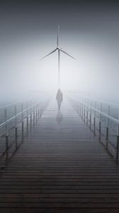 Превью обои силуэт, туман, мост, ветрогенератор